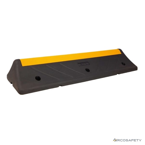 Fermaruota MORION Heavy Duty in gomma nera a sezione trapezoidale, con striscia gialla sul dorso, rilievi diagonali sul fianco e fori di fissaggio